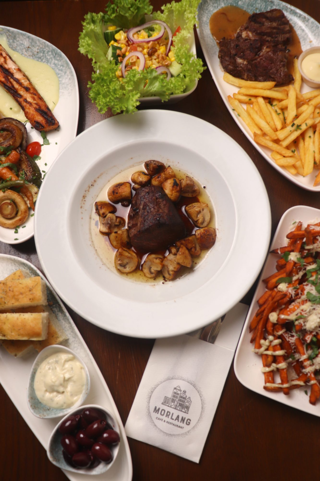 Boeuf du Morlang, steak & fries and salmon from above